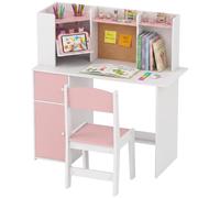 AIYAPLAY Escritorio Infantil con Silla, Pupitre Infantil con Soporte Ajustable para Tablet, Portalápices, Tablero de Corcho, Estantes, Armarios, para Niños de 5-12 Años, para Dormitorio, Estudio, Rosa