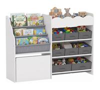 AIYAPLAY Estantería Infantil de Juguetes 8 Cestas de Tela Cajón con Ruedas | Organizador de Juguetes con Librería, Estante Abierto, Montessori, 3-8 Años, Dormitorio, Guardería, 109x30x80 cm, Blanco
