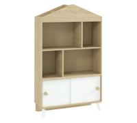 AIYAPLAY Estantería Infantil de Madera con 4 Compartimentos Librería Infantil con Estantes Abiertos y Armario para Habitación de Niños Sala de Juegos 80x30x140,5 cm Blanco y Natural
