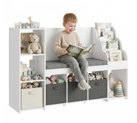 AIYAPLAY Estantería Infantil Juguetes con Rincón de Lectura Blanco y Gris | Organizador de Juguetes con Cojín, 3 Cajones de Tela, 3 Estantes, 4 Cubículos, 3-8 Años, Dormitorio y Guardería, 137x40x80 cm