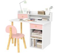AIYAPLAY Juego de Escritorio Infantil con Silla Pupitre Infantil con Cajones Compartimento y Estantes Rosa y Blanco