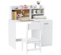 AIYAPLAY Juego de Escritorio y Silla para Niños con Estantes, Armario, Cajón y Tablón de Anuncios, Juego de Mesa y Silla para Niños de 3 a 12 Años, Escritorio Escolar Infantil de Madera para