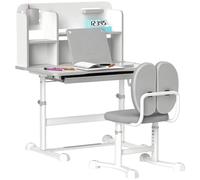 AIYAPLAY Juego de Escritorio y Silla para Niños de +3 Años, Pupitre Infantil Altura Ajustable con Tablero Inclinable, Cajón y Estantes, Respaldo Acolchado, para Libros, 80x55x107,5 cm, Gris