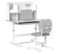 AIYAPLAY Juego de Escritorio y Silla para Niños de +3 Años, Pupitre Infantil Altura Ajustable con Tablero Inclinable, Cajón y Estantes, Respaldo Acolchado, para Libros, 80x55x107,5 cm, Gris