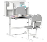 AIYAPLAY Juego de Escritorio y Silla para Niños de +3 Años, Pupitre Infantil Altura Ajustable con Tablero Inclinable, Cajón y Estantes, Respaldo Acolchado, para Libros, 80x55x107,5 cm, Gris