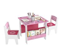 AIYAPLAY Juego de Mesa para Niños con 2 Sillas, Mesa Auxiliar con Estante Integrado para Libros, Muebles de Madera MDF para Dormitorio y Sala de Estar con Diseños de Corazones, Edades 3-8 Años, Rosa