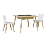 AIYAPLAY Juego de Mesa y 2 Sillas Infantiles de Madera con Compartimentos y Pizarra Desmontable 60x60x44 cm Natural y Blanco