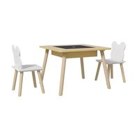 Aiyaplay - Mesa y 2 Sillas de Madera con Compartimentos y Pizarra Desmontable - Natural/Blanco