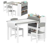 AIYAPLAY Juego de mesa y sillas para niños de 3 a 8 años con 2 sillas y mesa con espacio de almacenamiento, muebles para niños de madera de pino y tela no tejida, blanco y gris