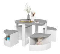 AIYAPLAY Juego de Mesa y Taburete para Niños de 5 Piezas, Juego de Mesa y Sillas con Compartimento de Madera para Ahorrar Espacio, Gris