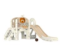 AIYAPLAY Juego de patio para niños, tobogán 7 en 1, Parque de juegos interior con caja de almacenamiento y túnel de gateo, 186x153x111 cm, Blanco crema Aosom España