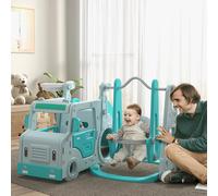 AIYAPLAY Juego de Tobogán y Columpio para Niños 6 en 1 Parque Infantil Tobogán para Bebés de 18-48 Meses con Volante Bocina y Baloncesto Carga 50 kg 201x151x87,5 cm Azul Claro