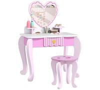 AIYAPLAY Juego de tocador para niños, tocador para niños de 2 piezas con taburete, espejo, cajón, escritorio, almacenamiento, escritorio de maquillaje con temática de corazón y silla, rosa