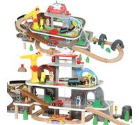 AIYAPLAY Juego de Tren de Madera, 79 Piezas de Tren con Tema de Mina, Juguetes Magnéticos de Ferrocarril con Grúa, Helicóptero, Juego de Ferrocarril de Madera Regalo de Cumpleaños para Niños y Niñas