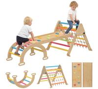 AIYAPLAY Juego de trepa 8 en 1 para niños pequeños, juego de trepa triangular de madera para interiores con tobogán de doble cara, arco y escalera triangular para niños de 1,5 a 4 años, multicolor