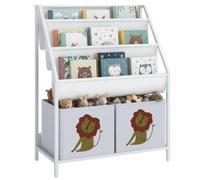 AIYAPLAY Librería Infantil de 4 Niveles Estantería para Libros Montessori con 3 Estantes 2 Cajones de Tela con Diseño de León para Sala de Juegos Dormitorio Guardería para Niños de Altura 76 cm Blanco