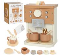 AIYAPLAY Máquina de café de madera para niños, accesorios de cocina de juguete con comida de juguete, juego de café de juguete para niños y niñas a partir de 3 años