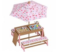 AIYAPLAY - Mesa de picnic infantil con bancos, salón de jardín al aire libre infantil con cojines, sombrilla plegable, cajas de almacenamiento extraíbles, diseño de flamenco, para jardín, césped