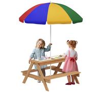 AIYAPLAY Mesa de Picnic para niños, Mesa de Arena y Agua con Bancos de Madera, Parasol Ajustable y Cubos de almacenaje, Muebles de jardín para niños de 3 a 6 años, Multicolor