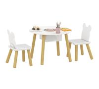 AIYAPLAY - Mesa infantil con silla, juego de mesa y 2 sillas para niños, respaldo en forma de oso para jugar, estudiar, bricolaje, 3-6 años, color blanco