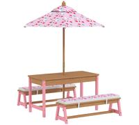 AIYAPLAY Mesa picnic infantil con bancos, cojines, parasol plegable, cajas de almacenamiento extraíbles, motivo de flamenco, rosa