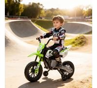 Aiyaplay Motocicleta Eléctrica para Niños con 2 Motores Potentes de 12V, Velocidad Máxima de 5 Km/H, Ruedas de Entrenamiento y Sistema de Suspensión, Música, para 3-6 Años, Verde verde