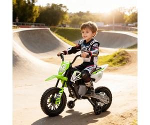 Aiyaplay Motocicleta Eléctrica para Niños con 2 Motores Potentes de 12V, Velocidad Máxima de 5 Km/H, Ruedas de Entrenamiento y Sistema de Suspensión, Música, para 3-6 Años, Verde verde
