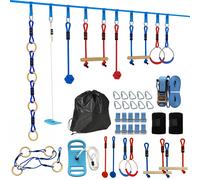 AIYAPLAY Ninja Line niños 10m set slackline 9 piezas con 2 anillas de gimnasia columpio 3-in-1 2 barras de escalada para 3-8 años Multicolor