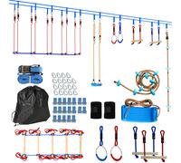 AIYAPLAY Ninja Line para niños Set Slackline 24 m con aros, 7 obstáculos, barra de escalada y puente de equilibrio para 3-6 años Rojo+Azul Aosom España