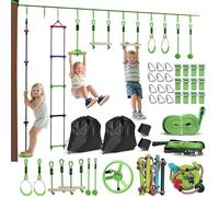 AIYAPLAY Ninja Slackline 10 m para niños Ninja Warrior Carrera de obstáculos Conjunto con Anillos de Gimnasia Slackline, Rueda Spinner, Columpio, Postes de Escalada, Bandeja Colgante, Escalera de