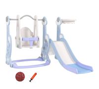 AIYAPLAY Parque infantil interior 4-en-1, Set de Columpio y Tobogán para Niños, Canasta de Baloncesto, Diseño de Cohete, Plástico, Azul claro