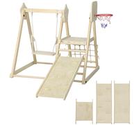 AIYAPLAY Parque Infantil Interior Plegable Madera Natural 5 en 1 con Tobogán Columpio Estructura de Escalada Tabla Red de Escalada Aosom España