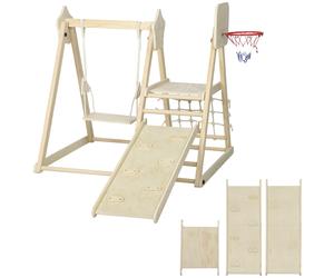 AIYAPLAY Parque Infantil Interior Plegable Madera Natural 5 en 1 con Tobogán Columpio Estructura de Escalada Tabla Red de Escalada Aosom España