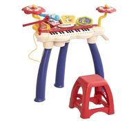 Aiyaplay piano electrónico infantil de 32 teclas juego de piano 2 en 1 con batería micrófono taburete luces 19 canciones 4 sonidos y volumen ajustable 74x32,2x71 cm multicolor 74 cm