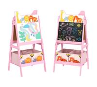AIYAPLAY Pizarra Infantil Caballete 2 en 1 Doble Cara con Pizarra Blanca 2 Cestas de Almacenamiento Caballete Pintura Niños con Estampado de Animales 53,5x49x113 cm Rosa