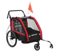 AIYAPLAY Remolque de bicicleta infantil 2 en 1, cochecito para bicicleta 2 plazas, manillar ajustable, freno de mano, cinturón de seguridad, rojo