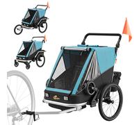 AIYAPLAY Remolque para bicicleta infantil, 2 plazas, remolque infantil plegable 2 en 1 con asiento ajustable y arneses, Azul