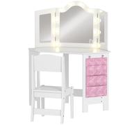 AIYAPLAY Set de tocador infantil con taburete, tocador para niñas con luces LED bicolor, espejo de tres paneles, Blanco Aosom España