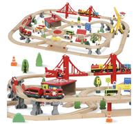 AIYAPLAY Set de tren de madera 133 piezas set de tren con locomotora eléctrica, placa base, vías, grúa, puente niños pequeños a partir de 3 años