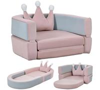 AIYAPLAY Sofá Infantil Convertible con Cojín de Corona Rosa y Azul Grisáceo | Sofá para Niños, Plegable en Cama y Zona de Juego, Tapizado de Terciopelo Suave, para Niños 18-36 Meses
