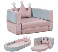 AIYAPLAY Sofá Infantil Convertible en Cama y Zona de Juego con Cojín de Corona Rosa y Azul Grisáceo