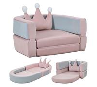 Aiyaplay sofá infantil convertible, sofá para niños con cojín de corona, plegable en cama y zona de juego, tapizado de terciopelo suave, para niños 18-36 meses, rosa y azul grisáceo