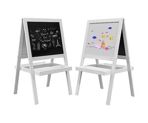 AIYAPLAY - Tabla de caballete infantil 2 en 1 (cara pizarra magnética y pizarra de tiza), 2 bandejas de almacenamiento integradas, color blanco