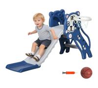 AIYAPLAY Tobogán Infantil 3 en 1 18-36 Meses 133x60x70 cm Azul y Gris | Tobogán para Niños, 2 Escaleras, 1 Canasta de Baloncesto, Patrón de Animal, para Interior