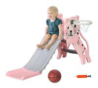 AIYAPLAY Tobogán Infantil 3 en 1 18-36 Meses 133x60x70 cm Rosa y Gris | Tobogán para Niños, 2 Escaleras, 1 Canasta de Baloncesto, Patrón de Animal, para Interior
