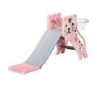 AIYAPLAY Tobogán Infantil 3 en 1 Tobogán para Niños de 18 a 36 Meses con 2 Escaleras 1 Canasta de Baloncesto y Patrón de Animal para Interior 133x60x70 cm Rosa y Gris