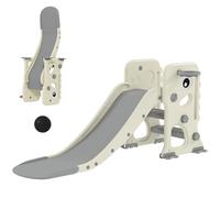 AIYAPLAY Tobogán Infantil 3 en 1 Tobogán para Niños de 2 a 5 Años Plegable con Escalera Canasta de Baloncesto Diseño de Dinosaurio y Hebillas Reforzadas para Interior 146x52x65 cm Blanco Crema
