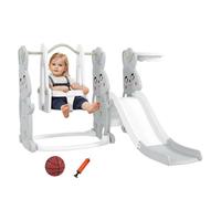 Aiyaplay tobogán infantil 4 en 1 columpio y tobogán trepador aro de baloncesto temática de conejo parque infantil para interior y exterior gris y blanco 147.5 cm