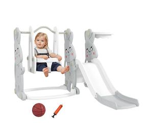 AIYAPLAY Tobogán Infantil 4 en 1 Columpio y Tobogán Trepador Aro de Baloncesto Temática de Conejo Parque Infantil para Interior y Exterior Gris y Blanco