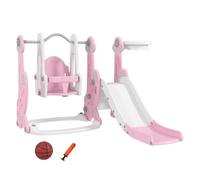 AIYAPLAY Tobogán Infantil 4 en 1 Parque Infantil con Columpio y Tobogán Escalador Aro de Baloncesto Temática de Cohete para Interior Rosa y Blanco